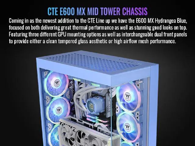 Alt view image 2 of 17 - Thermaltake CTE E600 MX Hydrangea Blue Mid Tower E-ATX Case with Centralized Thermal Efficiency Design; 3Way Floating GPU Mounting Bracket/ 400mm PCIe4 Riser Cable are all Included; CA-1Y3-00MFWN-00