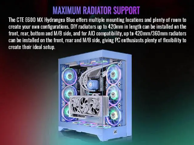Alt view image 8 of 17 - Thermaltake CTE E600 MX Hydrangea Blue Mid Tower E-ATX Case with Centralized Thermal Efficiency Design; 3Way Floating GPU Mounting Bracket/ 400mm PCIe4 Riser Cable are all Included; CA-1Y3-00MFWN-00