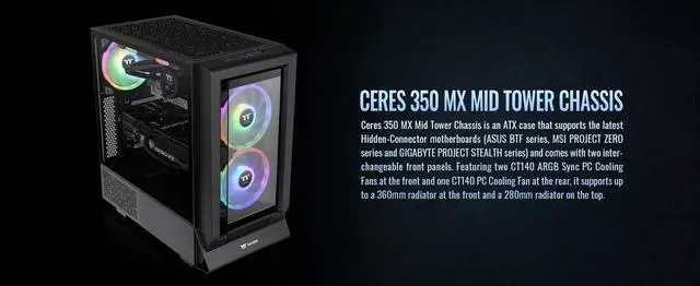 Alt view image 2 of 20 - Thermaltake Ceres 350 MX Black Mid Tower ATX Case; 3 Pre-installed ARGB Fans; Dual Front Panels; Hidden-Connector Motherboard Compatible; CA-1Z3-00M1WN-00