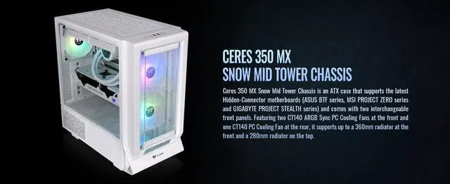 Alt view image 2 of 20 - Thermaltake Ceres 350 MX Snow Mid Tower ATX Case; 3 Pre-installed ARGB Snow Fans; Dual Front Panels; Hidden-Connector Motherboard Compatible; CA-1Z3-00M6WN-00