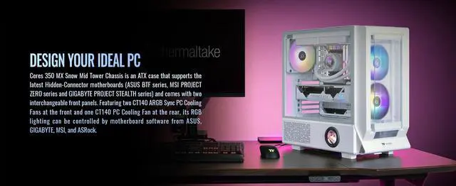 Alt view image 3 of 20 - Thermaltake Ceres 350 MX Snow Mid Tower ATX Case; 3 Pre-installed ARGB Snow Fans; Dual Front Panels; Hidden-Connector Motherboard Compatible; CA-1Z3-00M6WN-00
