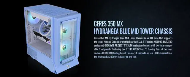 Alt view image 2 of 20 - Thermaltake Ceres 350 MX Hydrangea Blue Mid Tower ATX Case; 3 Pre-installed ARGB White Fans; Dual Front Panels; Hidden-Connector Motherboard Compatible; CA-1Z3-00MFWN-00