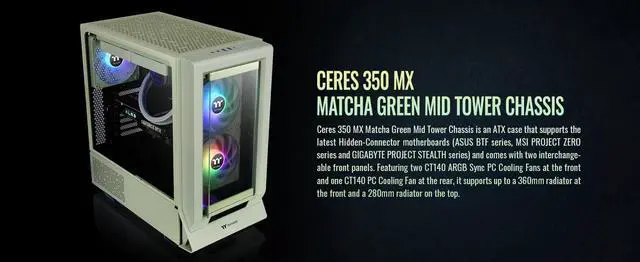 Alt view image 2 of 20 - Thermaltake Ceres 350 MX Matcha Green Mid Tower ATX Case; 3 Pre-installed ARGB Fans; Dual Front Panels; Hidden-Connector Motherboard Compatible; CA-1Z3-00MEWN-00