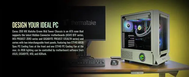 Alt view image 3 of 20 - Thermaltake Ceres 350 MX Matcha Green Mid Tower ATX Case; 3 Pre-installed ARGB Fans; Dual Front Panels; Hidden-Connector Motherboard Compatible; CA-1Z3-00MEWN-00