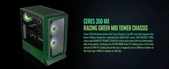 Alt view image 2 of 20 - Thermaltake Ceres 350 MX Racing Green Mid Tower ATX Case; 3 Pre-installed ARGB Fans; Dual Front Panels; Hidden-Connector Motherboard Compatible; CA-1Z3-00MCWN-00