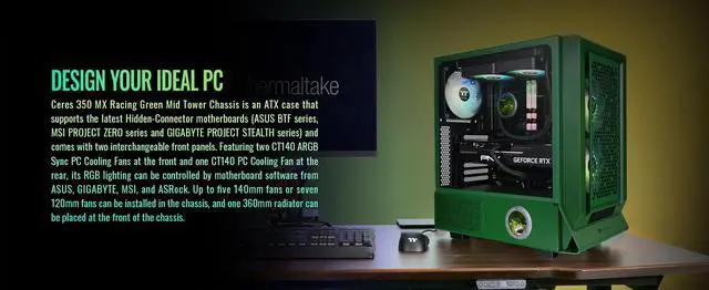 Alt view image 3 of 20 - Thermaltake Ceres 350 MX Racing Green Mid Tower ATX Case; 3 Pre-installed ARGB Fans; Dual Front Panels; Hidden-Connector Motherboard Compatible; CA-1Z3-00MCWN-00