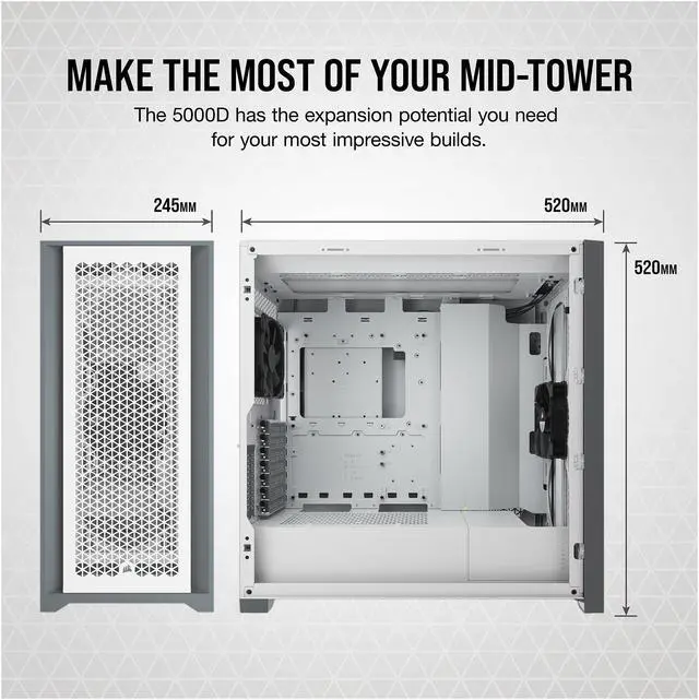 Alt view image 4 of 10 - Corsair 5000D Airflow Tempered Glass Mid-Tower ATX PC Case, White, CC-9011211-WW