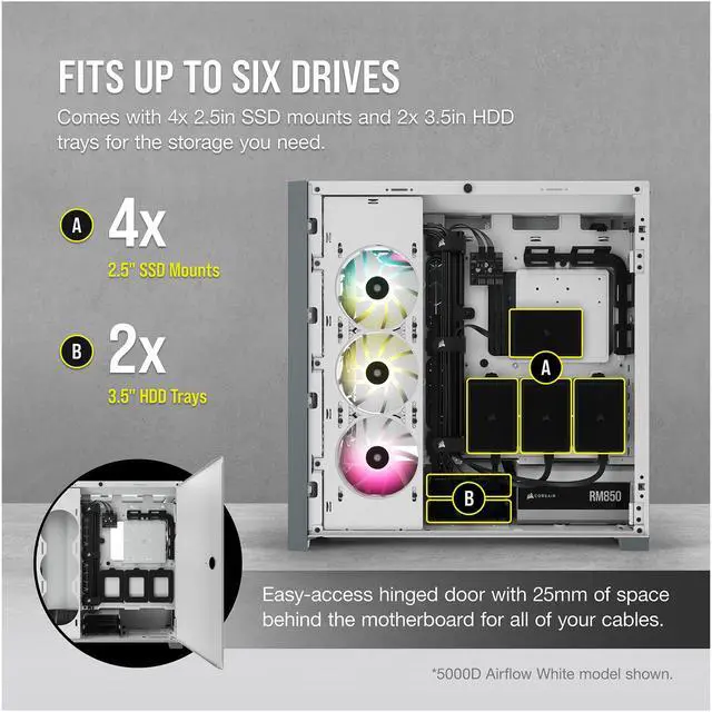 Alt view image 8 of 10 - Corsair 5000D Airflow Tempered Glass Mid-Tower ATX PC Case, White, CC-9011211-WW