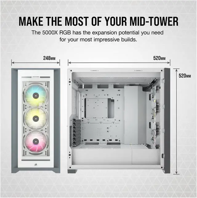Alt view image 4 of 10 - CORSAIR iCUE 5000X RGB Tempered Glass Mid-Tower ATX PC Smart Case, White, CC-9011213-WW
