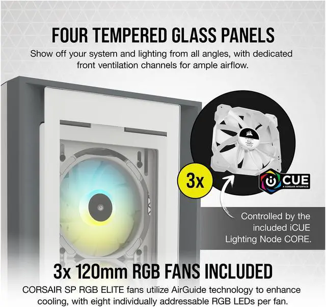 Alt view image 5 of 10 - CORSAIR iCUE 5000X RGB Tempered Glass Mid-Tower ATX PC Smart Case, White, CC-9011213-WW