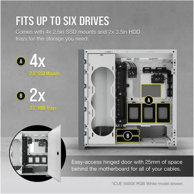 Alt view image 8 of 10 - CORSAIR iCUE 5000X RGB Tempered Glass Mid-Tower ATX PC Smart Case, White, CC-9011213-WW