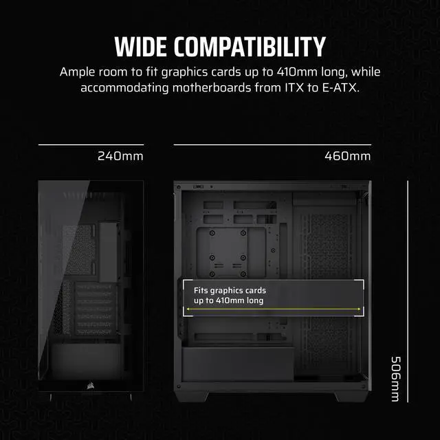 Alt view image 3 of 20 - CORSAIR 3500X Tempered Glass Mid-Tower PC Case, Black – No Fans Included - Reverse Connection Motherboard Compatible – Fits up to 10x 120mm Fans – Up to 2x 360mm Radiators