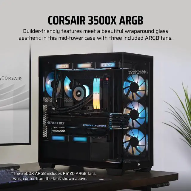 Alt view image 3 of 17 - CORSAIR 3500X ARGB Tempered Glass Mid-Tower PC Case, Black – 3x Pre-Installed RS120 ARGB Fans – Reverse Connection Motherboard Compatible – Fits up to 10x 120mm Fans