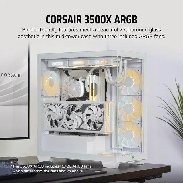 Alt view image 3 of 19 - CORSAIR 3500X ARGB Tempered Glass Mid-Tower PC Case, White – 3x Pre-Installed RS120 ARGB Fans – Reverse Connection Motherboard Compatible – Fits up to 10x 120mm Fans