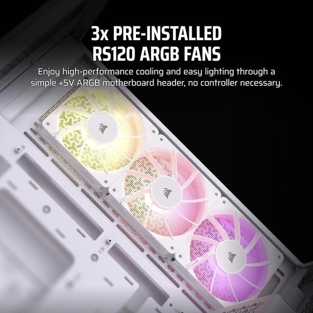 Alt view image 6 of 19 - CORSAIR 3500X ARGB Tempered Glass Mid-Tower PC Case, White – 3x Pre-Installed RS120 ARGB Fans – Reverse Connection Motherboard Compatible – Fits up to 10x 120mm Fans