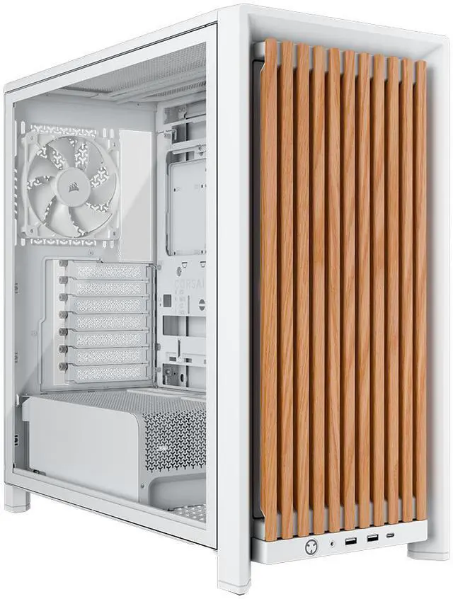 Main image of CORSAIR FRAME 4000D WOOD RS Modular High Airflow Mid-Tower PC Case, White & Oak. 3x 360mm Radiator Mounts. 4x RS120 PWM fans included - 13x 120mm fan mounts or 7x 140mm fans