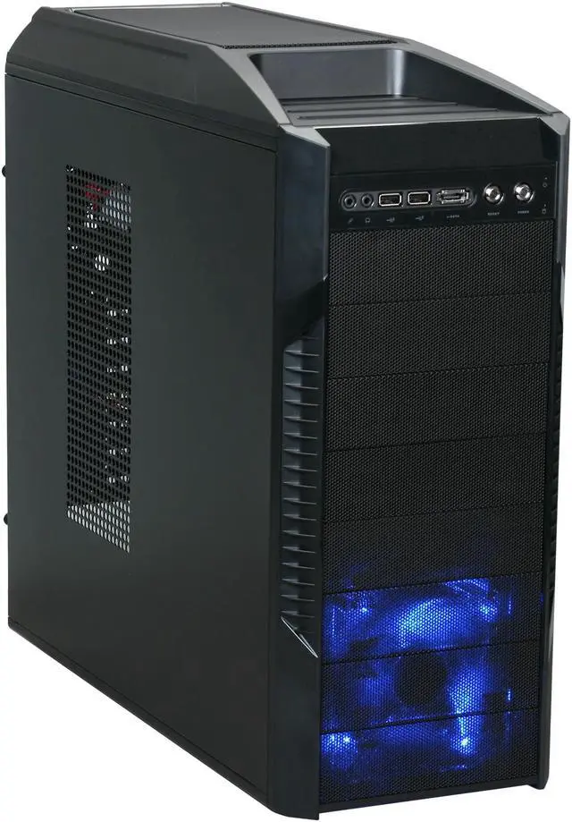 Main image of Rosewill DESTROYER Black Gaming ATX Mid Tower Computer Case, comes with Three Fans-1x Front Blue LED 120mm Fan, 1x Top 120mm Fan, 1x Rear 120mm Fan, option Fans-2x Side 120mm Fan, 1x Top 120mm Fan, 1x Bottom Fan