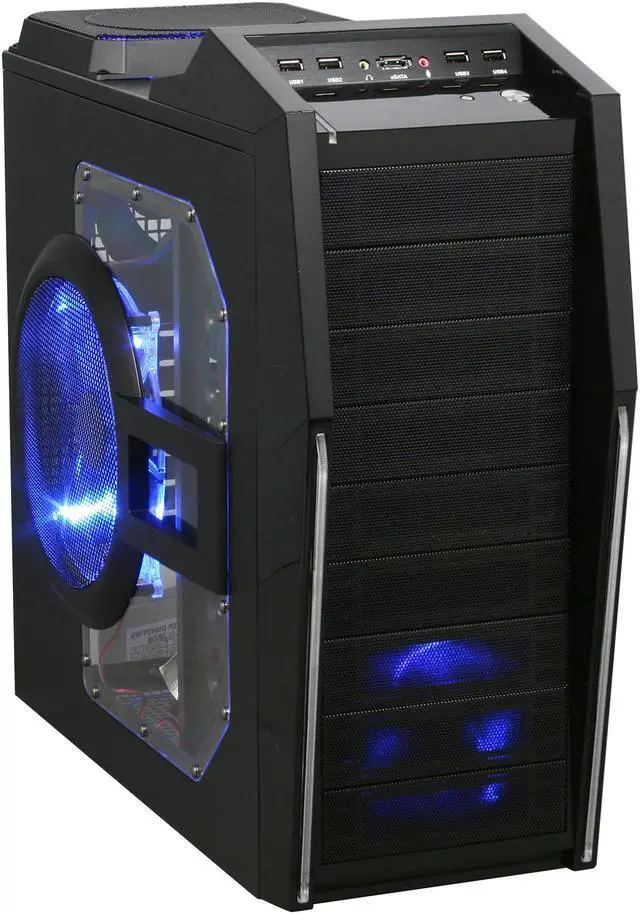 Main image of Rosewill CRUISER Black Gaming ATX Mid Tower Computer Case with Side Panel Window, comes with Four Fans-1x Front Blue LED 120mm Fan, 1x Top Blue LED 120mm Fan, 1x Rear 120mm Fan, 1x Side Blue LED 190mm Fan