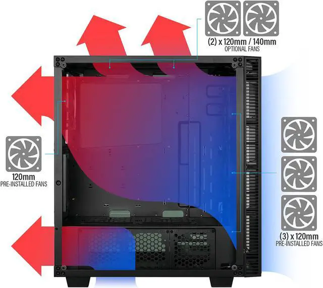 Alt view image 9 of 10 - Rosewill CULLINAN MX-Blue ATX Mid-Tower Gaming PC Computer Case, Supports 360mm Liquid Coolers, 4 Blue LED Fans, Max Airflow with PSU Shround Fan Mount, Tempered Glass, Fan Speed Control