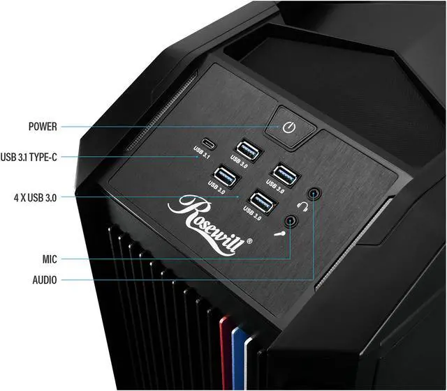 Alt view image 7 of 11 - Rosewill ATX Full Tower Gaming PC Computer Case with Dual Ring RGB LED Fans, E-ATX Support, Tempered Glass/Steel, User-Controlled Top Fins/Fan Vents - NIGHTHAWK Z-RGB