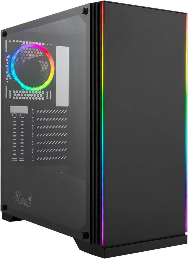 Main image of Rosewill ZIRCON I ATX Mid Tower Gaming PC Computer Case with RGB Fan & LED Light Strips, 240mm AIO Support, Bottom Mount PSU & HDD/SSD, Tempered Glass & Black Steel