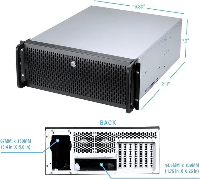 Alt view image 6 of 6 - Rosewill 4U Server Chassis Rackmount Case | 8 3.5" HDD Bays, 3 5.25" Devices | ATX, CEB Compatible | 2 Front 120mm Fans, 2 Rear 80mm Fans | 2x USB 3.0 | Front Panel Lock | Silver/Black - RSV-R4000U