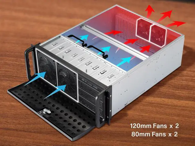 Alt view image 3 of 6 - Rosewill 4U Server Chassis Rackmount Case | 8 3.5" HDD Bays, 3 5.25" Devices | ATX, CEB Compatible | 2 Front 120mm Fans, 2 Rear 80mm Fans | 2x USB 3.0 | Front Panel Lock | Silver/Black - RSV-R4000U