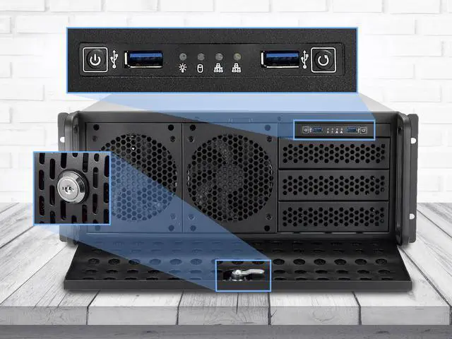 Alt view image 5 of 6 - Rosewill 4U Server Chassis Rackmount Case | 8 3.5" HDD Bays, 3 5.25" Devices | ATX, CEB Compatible | 2 Front 120mm Fans, 2 Rear 80mm Fans | 2x USB 3.0 | Front Panel Lock | Silver/Black - RSV-R4000U