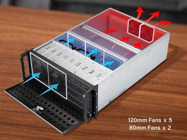 Alt view image 5 of 8 - Rosewill 4U Server Chassis Rackmount Case | 8 3.5" HDD Bays, 3 5.25" Devices | E-ATX Compatible | 5 Front 120mm Fans, 2 Rear 80mm Fans | 2x USB 3.0 | Front Panel Lock | Silver/Black - RSV-L4000U