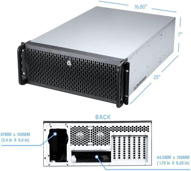 Alt view image 9 of 8 - Rosewill 4U Server Chassis Rackmount Case | 15 3.5" HDD Bays | E-ATX Compatible | 6 Front 120mm Fans, 2 Rear 80mm Fans | 2x USB 3.0 | Front Panel Lock and Key | Silver/Black - RSV-L4500U