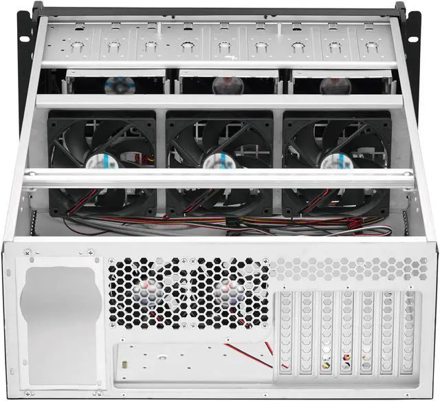 Alt view image 4 of 8 - Rosewill 4U Server Chassis Rackmount Case | 15 3.5" HDD Bays | E-ATX Compatible | 6 Front 120mm Fans, 2 Rear 80mm Fans | 2x USB 3.0 | Front Panel Lock and Key | Silver/Black - RSV-L4500U