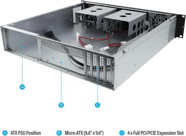 Alt view image 5 of 6 - Rosewill 2U Server Chassis Rackmount Case, 4x 3.5" Bays, 2x 2.5" Devices, Micro-ATX Compatible, 2x 80mm PMW Fans, 2x USB 3.0 - RSV-Z2800U