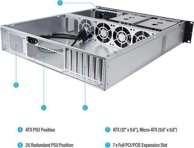 Alt view image 8 of 7 - Rosewill 2U Server Chassis Rackmount Case, 4x 3.5" Bays, 2x 2.5" Devices, ATX Compatible, Up to 4x 80mm Fans, 2x USB 3.0, Silver/Black - RSV-Z2850U