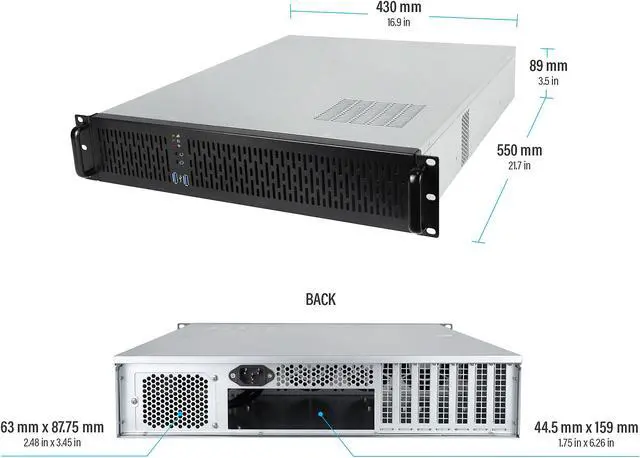 Alt view image 5 of 7 - Rosewill 2U Server Chassis Rackmount Case, 4x 3.5" Bays, 2x 2.5" Devices, ATX Compatible, Up to 4x 80mm Fans, 2x USB 3.0, Silver/Black - RSV-Z2850U