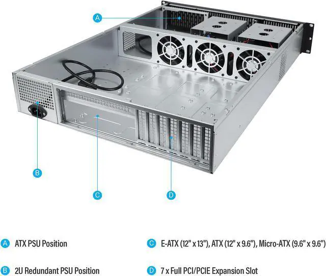 Alt view image 3 of 7 - Rosewill 2U Server Chassis Rackmount Case, 4x 3.5" Bays, 2x 2.5" Devices, E-ATX Compatible, 3x 80mm PWM Fans, 2x USB 3.0 - RSV-Z2900U