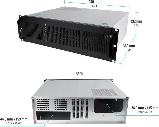 Alt view image 5 of 7 - Rosewill 3U Server Chassis Rackmount Case, 6x 3.5" Bays, ATX Compatible, 2x 80mm Fans, 2x USB 3.0, Silver/Black - RSV-Z3100U