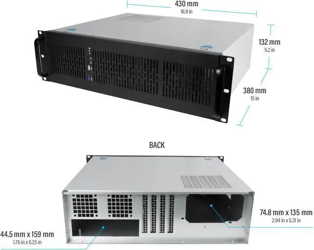 Alt view image 4 of 7 - Rosewill 3U Server Chassis Rackmount Case, 6x 3.5" Bays, ATX Compatible, 2x 80mm Fans, 2x USB 3.0, Silver/Black - RSV-Z3100U