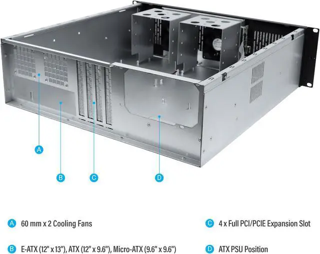 Alt view image 7 of 7 - Rosewill 3U Server Chassis Rackmount Case, 6x 3.5" Bays, E-ATX Compatible, 2x 80mm Fans, 2x USB 3.0, Silver/Black - RSV-Z3200U