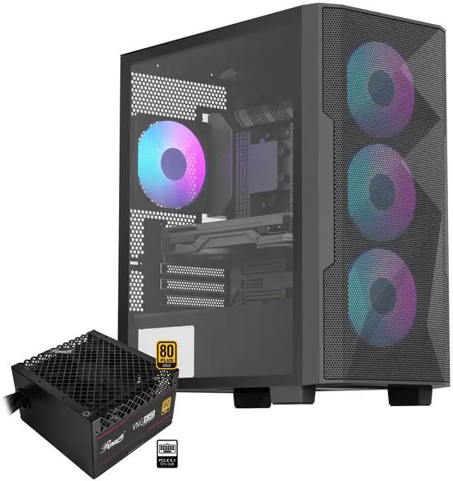 Main image of Rosewill FBM-X6 Black Micro ATX Mid Tower Case - Tempered Glass Side Panel, High Airflow, 4X PWM ARGB Fans, Dedicated Cable Routing Clips, Pre-Installed 650W 80+ Gold PSU
