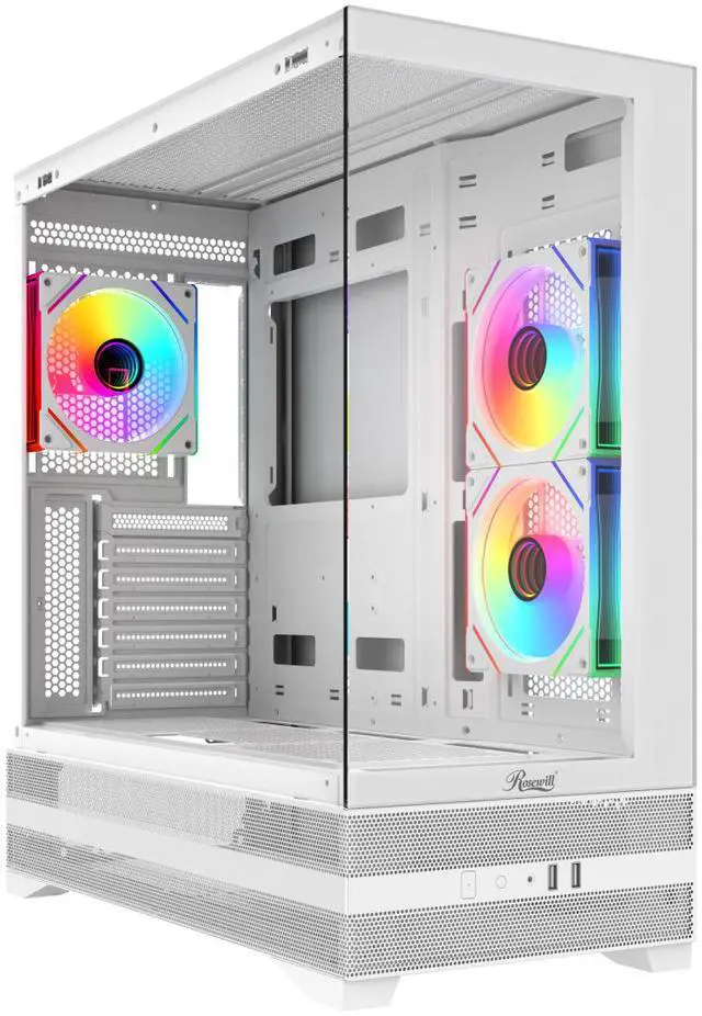 Alt view image 2 of 10 - Rosewill ACA501 Gaming PC Case Computer Mid Tower ATX Case White with 4 Addressable RGB Fans Pre-Installed, Back Plug Motherboard Design, Tempered Glass Transparent Side Panel