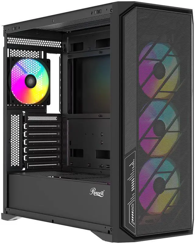 Alt view image 2 of 11 - Rosewill ACA502B ATX Mid-Tower PC Gaming Case Front Mesh Panel for Airflow, Tempered Glass Side Panel, 3x Pre-Installed ARGB Fans, USB 3.0 Ports (Black)