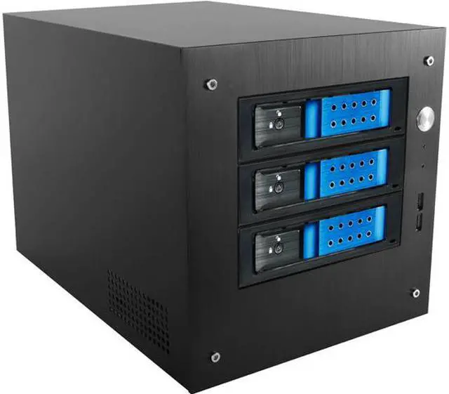 Main image of iStarUSA S-35-3DE1BL Black Aluminum / Steel Tower Compact Stylish 3x 3.5" Hotswap Trayless mini-ITX Tower - Blue HDD Handle
