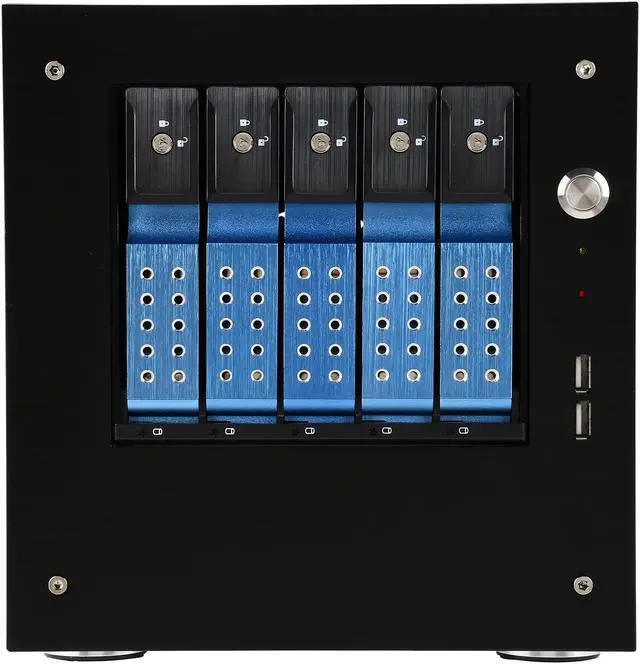 Alt view image 2 of 7 - iStarUSA S-35-DE5BL Black Aluminum / Steel Tower Compact Stylish 5x 3.5" Hotswap Trayless mini-ITX Tower - Blue HDD Handle