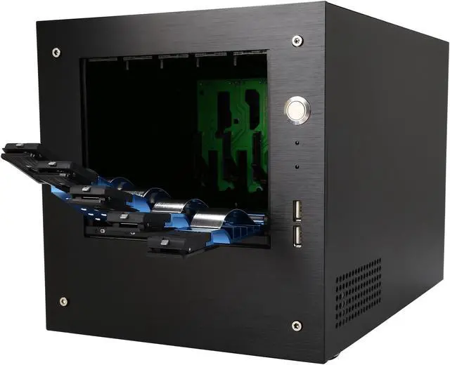 Alt view image 6 of 7 - iStarUSA S-35-DE5BL Black Aluminum / Steel Tower Compact Stylish 5x 3.5" Hotswap Trayless mini-ITX Tower - Blue HDD Handle