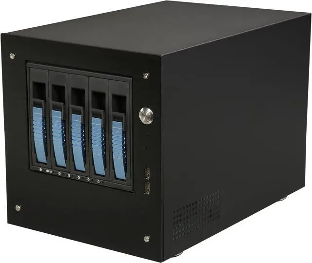 Main image of S-35-B5BL Black Aluminum / Steel Tower Compact Stylish 5 x 3.5" Hotswap mini-ITX Tower - Blue HDD Handle