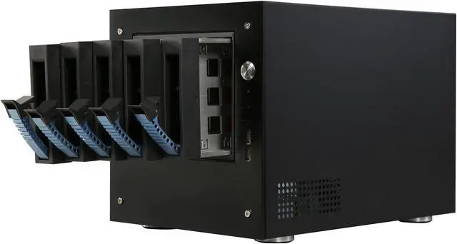 Alt view image 5 of 6 - S-35-B5BL Black Aluminum / Steel Tower Compact Stylish 5 x 3.5" Hotswap mini-ITX Tower - Blue HDD Handle