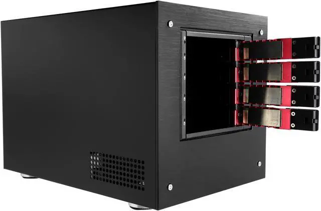Alt view image 6 of 7 - iStarUSA S-35-DE4RD Black Aluminum / Steel Tower Compact Stylish 4 x 3.5" Hotswap Trayless mini-ITX Tower - Red HDD Handle