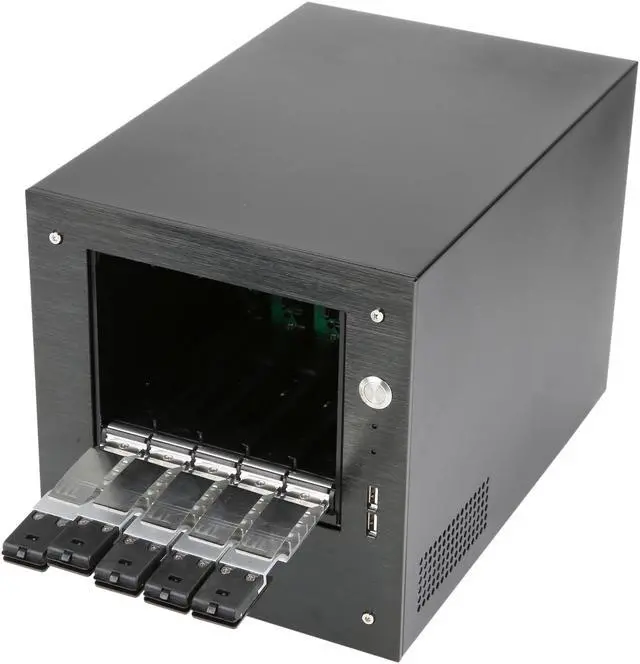 Alt view image 7 of 8 - iStarUSA S-35-DE5SL Black Aluminum / Steel Tower Compact Stylish 5 x 3.5" Hotswap Trayless mini-ITX Tower - Silver HDD Handle