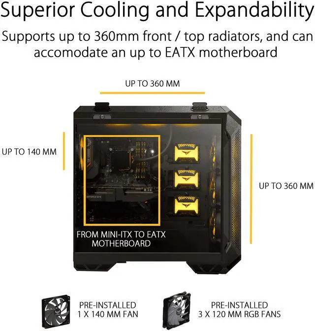 Alt view image 3 of 8 - ASUS TUF Gaming GT501 Mid-Tower Computer Case for up to EATX Motherboards with USB 3.0 Front Panel, Smoked Tempered Glass, Steel Construction, and Four Case Fans (GT501 TUF GAMING CASE/GRY/WITH HANDL)