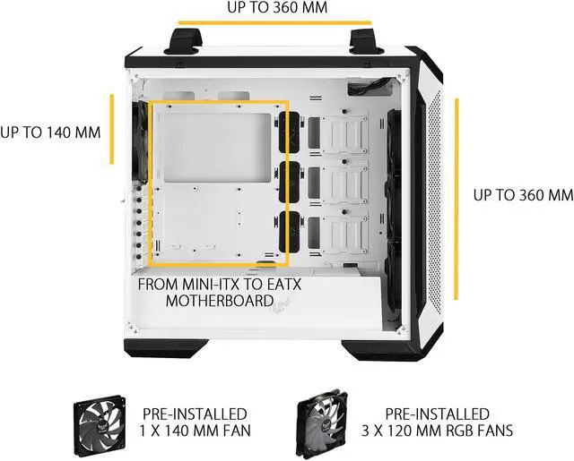 Alt view image 4 of 7 - ASUS TUF Gaming GT501 White Edition Mid-Tower Computer Case for up to EATX Motherboards with 2 x USB 3.1 Front Panel, Smoked Tempered Glass, Steel Construction, and Four Case Fans